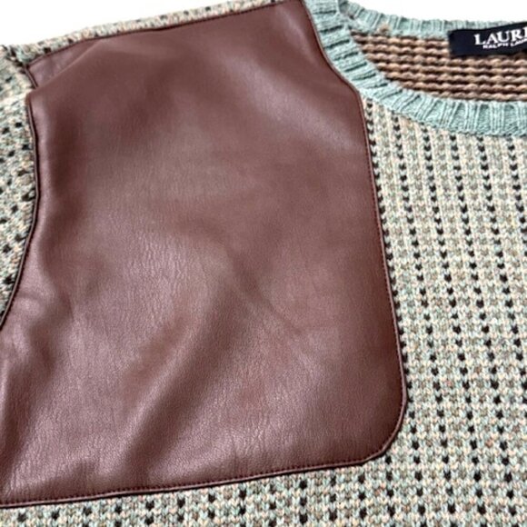 Lauren Ralph Laure Faux-Leather-Trim Wool Blend Sweater Multi-Color Size XL - Picture 4 of 7